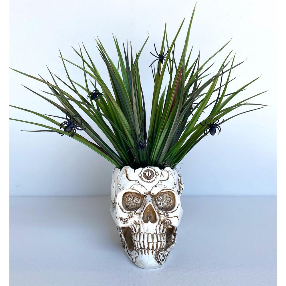 Skull Halloween Decor Plant with Spiders - Skeleton Planter with Faux Plant